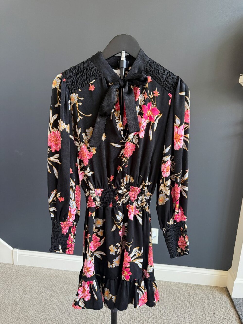 MISA Black Floral Smocked-Waist Mini Dress XS